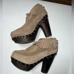 Flogg Fringe Bootie 7 Women's Premium Leather Wooden Platform Heeled‎ -tan